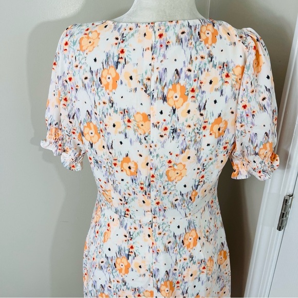 LOFT White with Orange & Blue Floral V-Neck Puff Sleeve Fit & Flare Dress - 6 - Picture 11 of 13